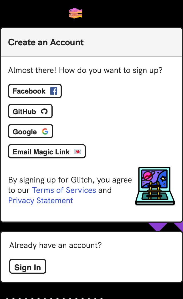 Glitch の会員登録ページ